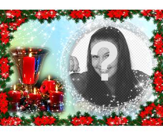 carte noel ou vous avez une image dans un cadre rond entoure perles brillantes couleur fond varie du bleu clair au vert et composition est poinsettias bords enduits plante typique noel rouge nous voyons aussi un centre table compose dquotun gobelet dquotor entoure quatre cierges allumes incarnes comme un rappel dquotune journee speciale des fetes