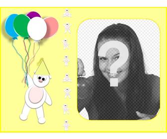 carte dquotanniversaire jaune personnalisee avec votre photo avec un ours peluche et des ballons