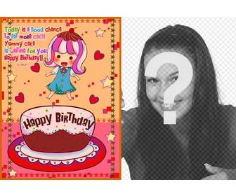 carte dquotanniversaire pour les enfants avec une photo dquotune fille avec un gateau des coeurs et des etoiles