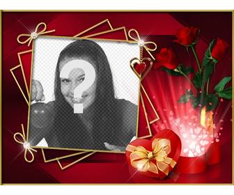 cadre photo avec un fond rouge elegant avec des roses et diamants pour mettre votre photo