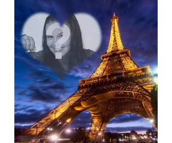 photomontage paris avec tour eiffel illuminee et un cadre photo forme coeur semi-transparent dans le ciel placer votre photo