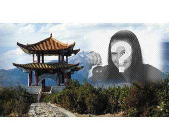 photomontage chine avec un paysage et dquotun batiment typiquement chinois et semi-transparent ou vous pouvez placer votre photo