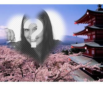 photomontage dans fuhiyama japon avec fleurs dquotamandier et dquotun cadre forme coeur placer votre photo