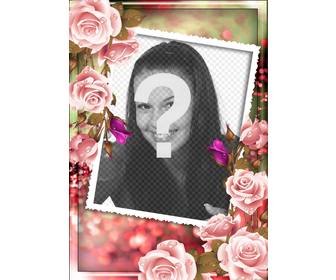 cadre photo avec des roses autour et un fond rose et vert brouille personnaliser avec photo et texte