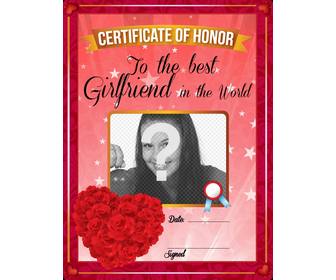 certificat meilleure amie dans le monde avec des roses rouges forme coeur personnaliser avec une photo