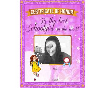 certificat personnaliser avec une photo pour le meilleur etudiant dans le monde avec un cadre violet