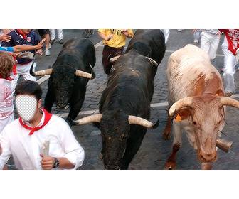 creer un photomontage courir avec les taureaux san fermin pampelune qui vous suivent et ajouter du texte