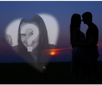 photomontage avec un couple dans lamour avec un coucher soleil arriere-plan et un coeur pour mettre une photo romantique