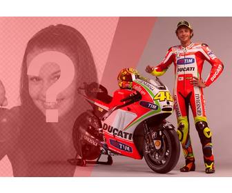 creer un photomontage avec valentino rossi pilote moto avec son velo rouge et blanc et un filtre rouge sur votre photo