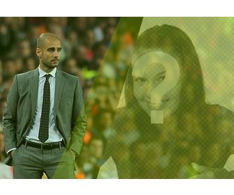 creer un photomontage avec pep guardiola sur un terrain football et une photo vous avec un filtre vert et phrase vous voulez