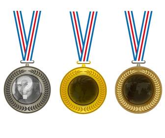 collage avec trois medailles dor dargent et bronze mettre au centre trois photos champions