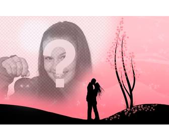 cree un montage romantique avec cette image dun couple qui sembrasse dans un paysage avec des fleurs roses et limage vous telechargez ligne