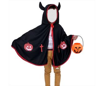 photomontages halloween pour les enfants deguiser dun diable avec le costume enfant cornes porter un manteau noir tenant une citrouille et avec des cornes imp avec lediteur ligne vous pouvez telecharger votre photo et dajuster le visage cet enfant habille et avoir un resultat amusant vous pouvez partager sur les reseaux sociaux et halloween davoir un costume virtuel et gratuit