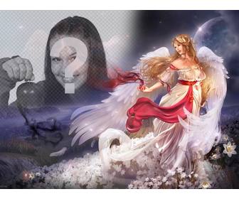 creer un collage ligne avec une femme ange aile dans un monde fantastique entoure fleurs