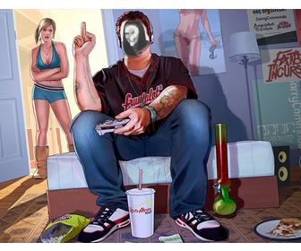 photomontage avec un v illustration gta dans lequel il un gars dans sa chambre jouer des jeux video et sa petite amie est colere porte