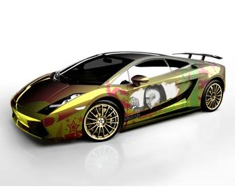 photomontage dun tuning lamborghini jaune avec des etoiles rouges et une photo telechargee par vous dans porte du conducteur