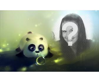 photomontage avec un panda dessine soufflant une bulle savon et un trou sur le droit mettre une photo