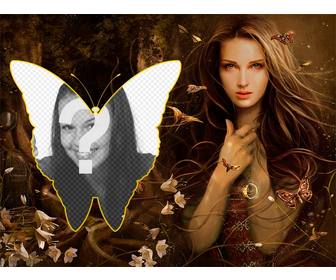 collage plein papillons et cloches romantique avec une fille foret