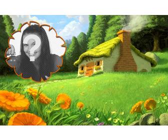 collage avec une maison au milieu foret entouree fleurs doranger