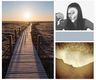 collage avec le lever du soleil plage sable et les vagues calmes avec une touche indie
