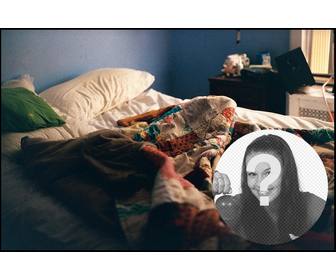 collage mettre une photo sur une scene reveil avec un lit defait