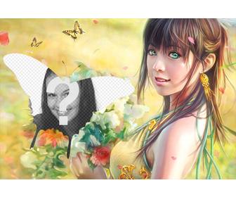 collage avec des papillons et un dessin dune fille cueillant des fleurs dans le domaine