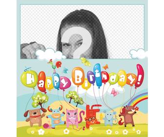 carte coloree pleine danimaux et des ballons souhaiter un bon anniversaire mettez votre photo sur