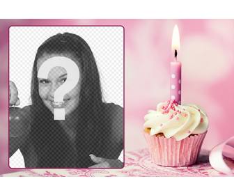 postal anniversaire rose encadree photos et un petit gateau avec une bougie