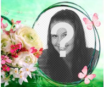 composition avec des fleurs et des papillons sur un fond brise printemps pour mettre votre photo dans un cadre circulaire