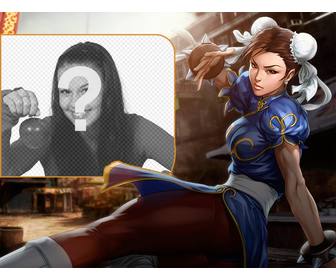 collage avec chun-li street fighter coups pied tout regardant attentivement