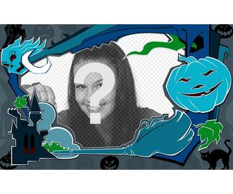 cadre photo bleu pour halloween halloween est venir vous voulez decorer vos photos avec ce cadre effrayant avec un chateau un fantome et une citrouille malefique vous pouvez utiliser cet effet