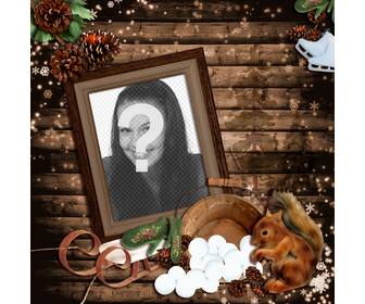 photomontage lquothiver avec un cadre photo bois decoree avec un traineau un ecureuil et plusieurs cones