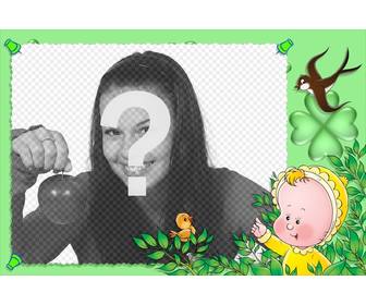 cadre photo pour enfants avec fond vert des oiseaux et un bebe
