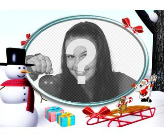 noel cadre photo dans neige avec un bonhomme neige et des cadeaux mettre une photo