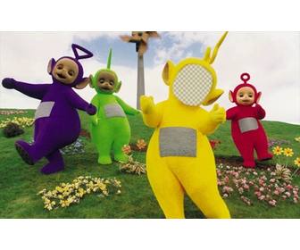 photomontage des teletubbies pour editer et mettre effet fun votre visage ou vous pouvez telecharger une image et regler le visage dans le visage lala serie pour enfants les teletubbies entoure par les autres personnages habillez du teletubby jaune modifier cet effet ligne et faire rire vos amis