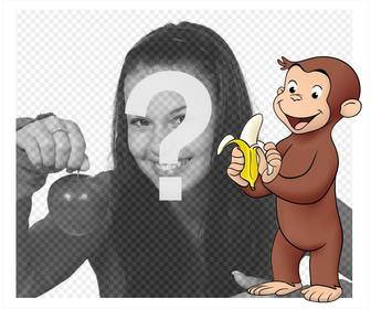 cadre photo avec le caractere curious george pique-niquait un effet editable banane