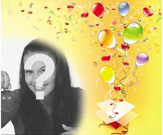 cadre photo lquotoccasion fete dquotanniversaire fond jaune avec des banderoles des ballons et etoiles dquotune boite cadeau