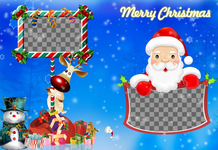L'emblématique Rudolf et le Père Noël ont deux cadres inclus dans ce poste de Noël pliage bleu salutation. Apparaît également goodie bag du Père Noël et des thèmes de Noël et les..