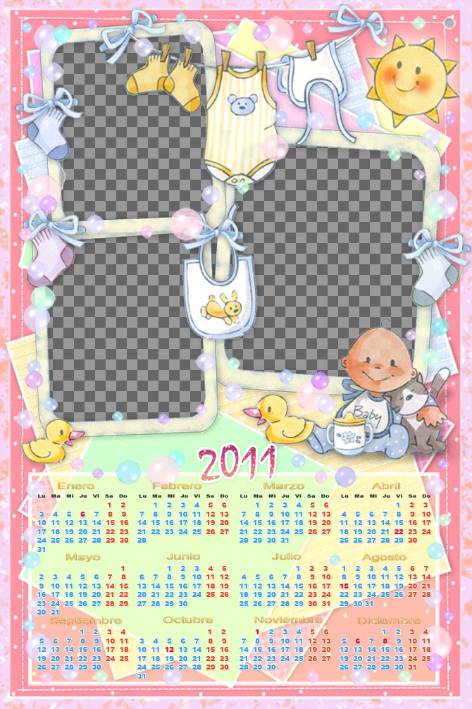 calendrier personnalisable avec 3 photos de 2011. Surtout pour bébé, par la prédominance rose. Voir une robe bleu clair et des vêtements d'enfants accrochés entre des bulles de savon et un soleil..