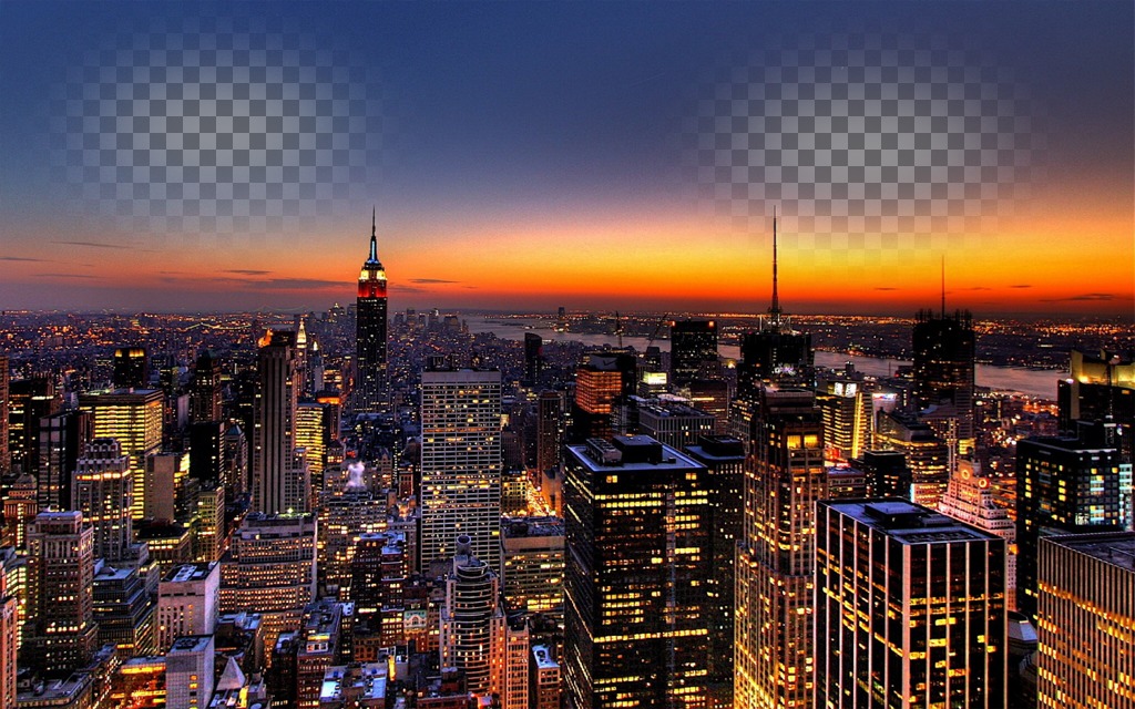 Dans ce collage Votre photo apparaît deux fois, jeté dans le ciel de New York. image spectaculaire d'un coucher de soleil avec les lumières des gratte-ciel..