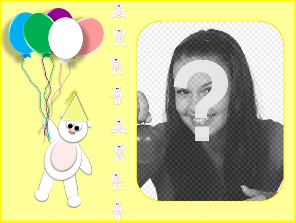 Carte d'anniversaire jaune personnalisée avec votre photo avec un ours en peluche et des..