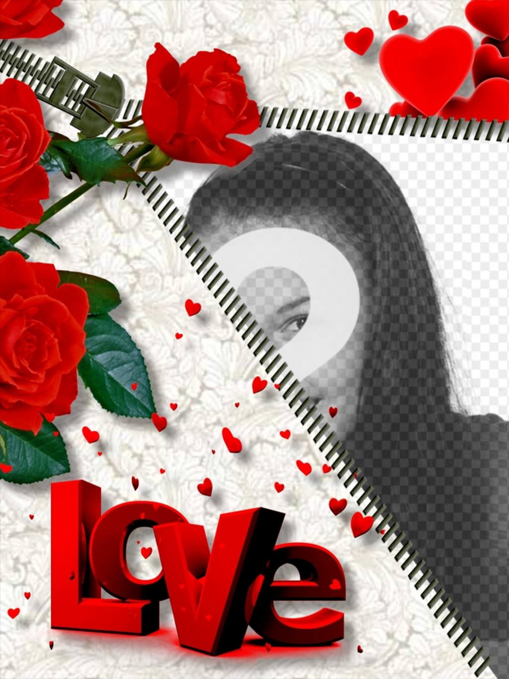 Cadre photo en ligne LOVE , qui comprend la photo que vous voulez tout en ouvrant une fermeture à glissière. Roses ornent..