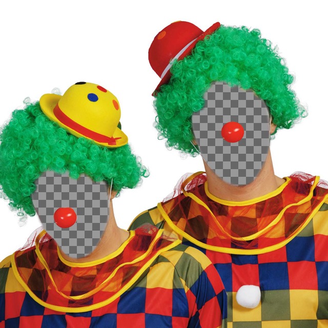 Photomontage avec deux clowns costumés avec nez rouge et vert casquette perruque couleurs pour mettre votre visage ou celui d'une autre personne et ajouter du texte..
