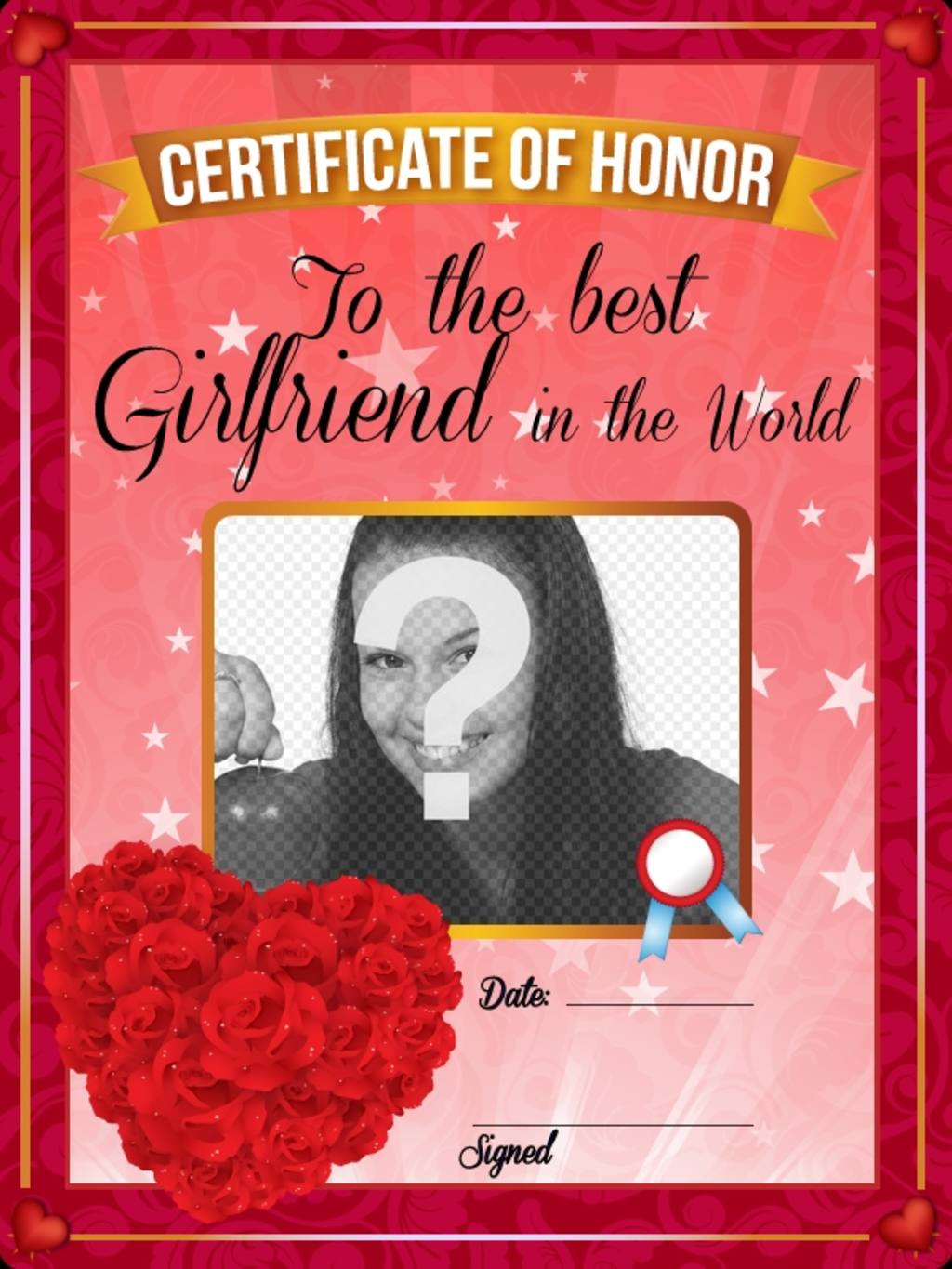 Certificat de la meilleure amie dans le monde avec des roses rouges en forme de coeur à personnaliser avec une..