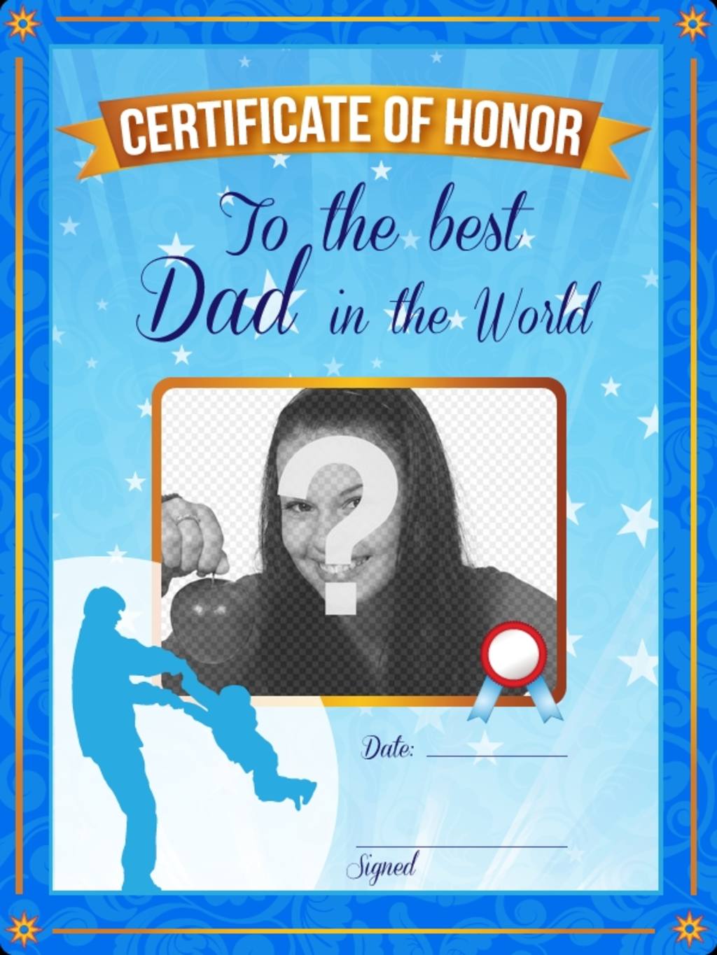 Certificat d'honneur pour le meilleur père au monde. Un certificat bleu personnalisé avec une photo et un..