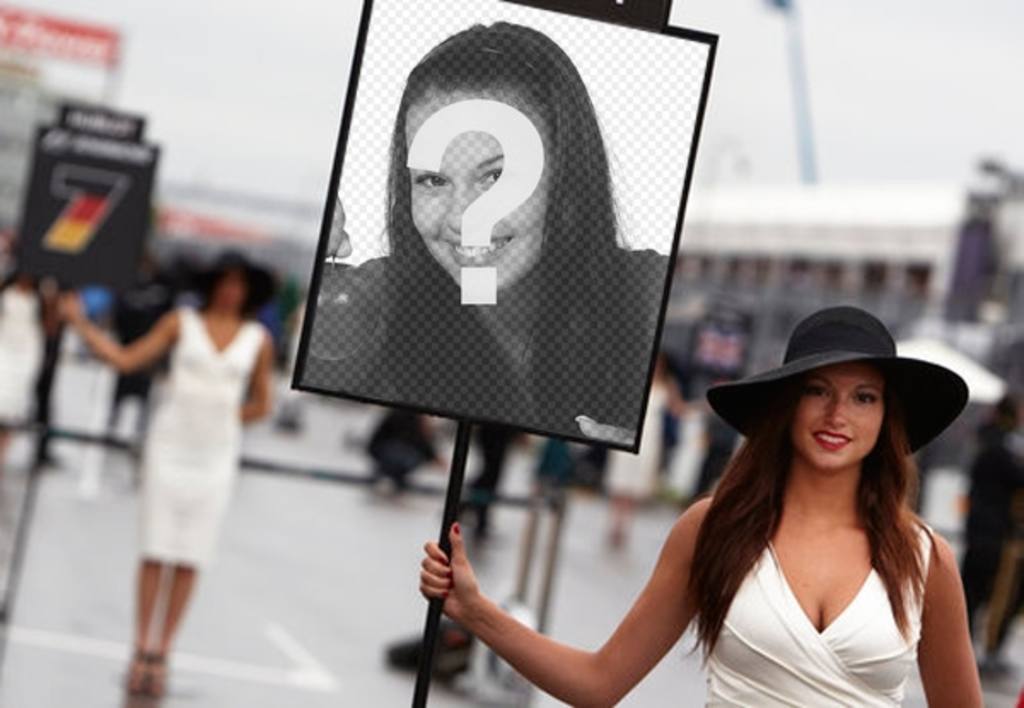 Photomontage avec une photo d'une Formule Une fille avec un signe pour mettre votre..