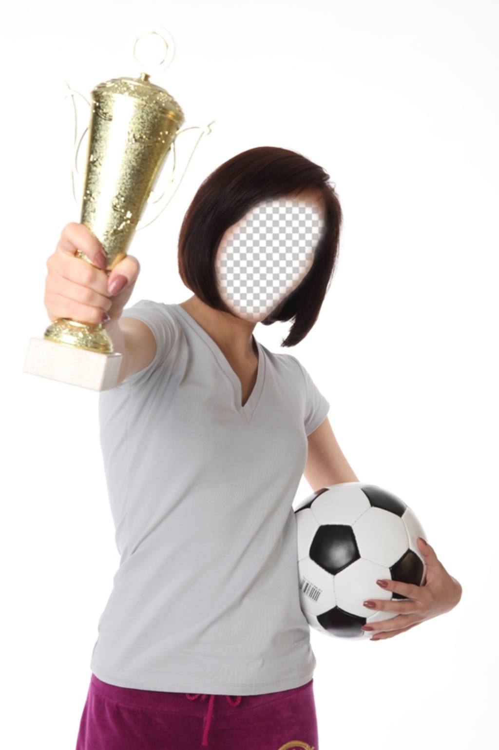 Photomontage avec un joueur fille de football tenant un trophée et un ballon de soccer ..