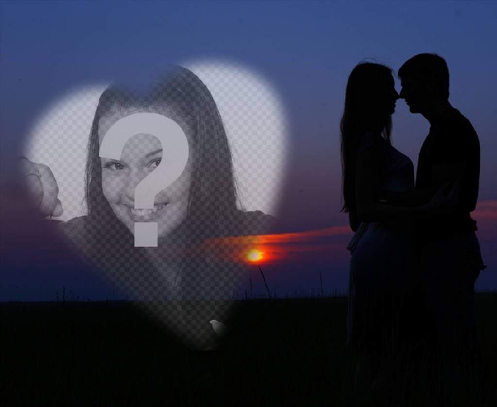 Photomontage avec un couple dans lamour avec un coucher de soleil en arrière-plan et un coeur pour mettre une photo..