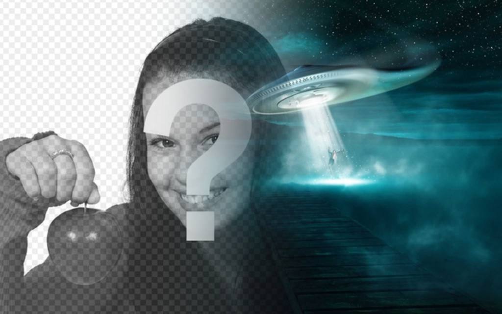Créer un photomontage avec un enlèvement par des extraterrestres dans le fond, où un OVNI prend une personne dans la nuit sur un..
