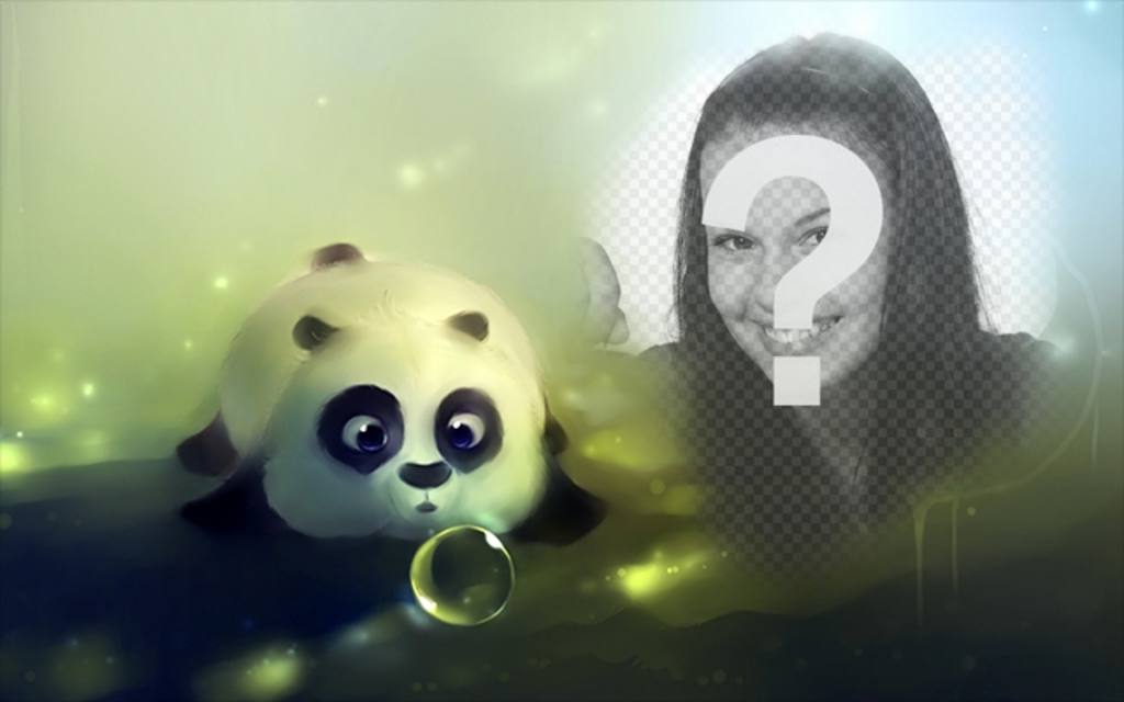 Photomontage avec un panda dessiné soufflant une bulle de savon et un trou sur le droit de mettre une..